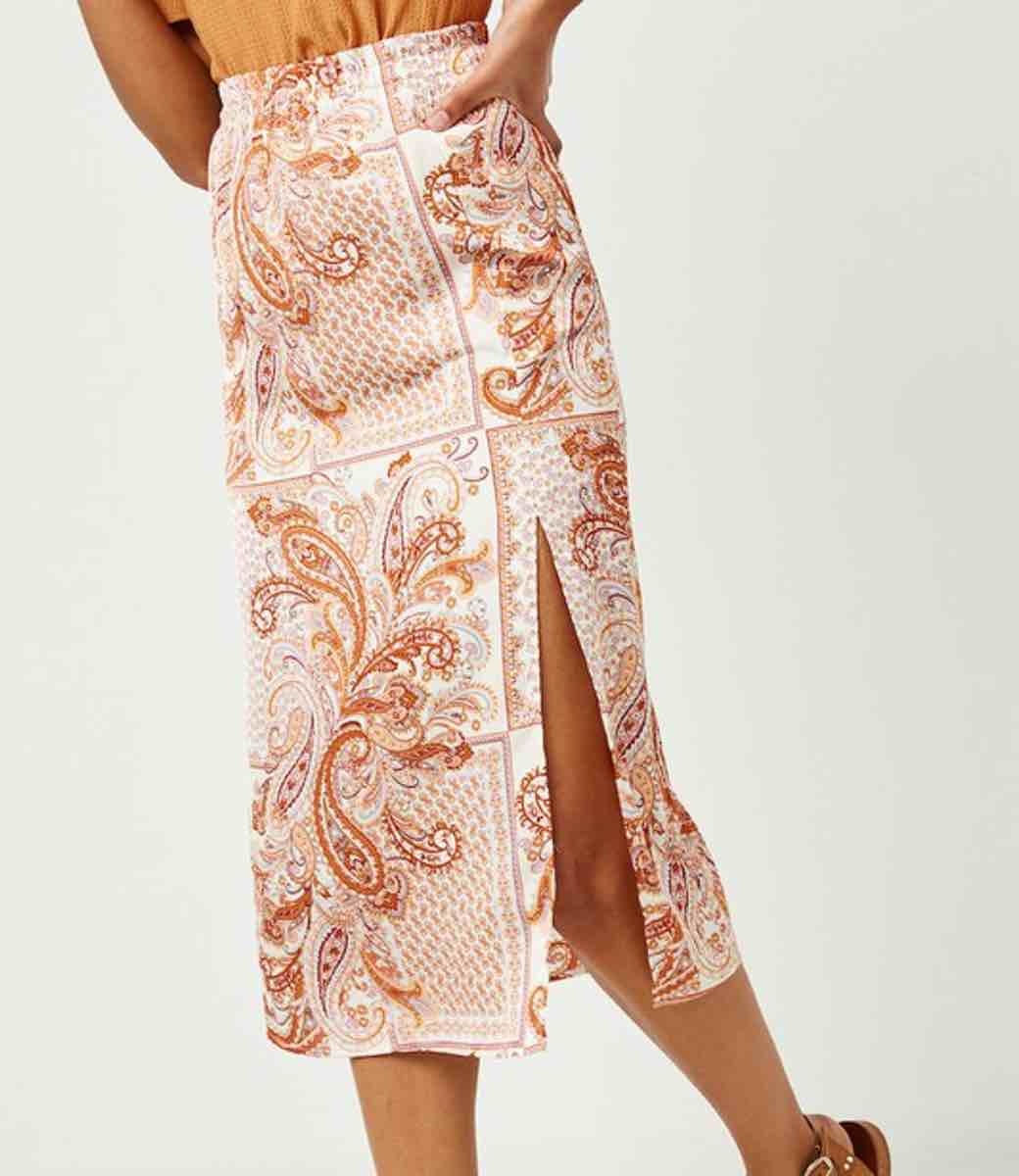 Liberty Midi Skirt in White, Orange and Terracotta Bohemian Style