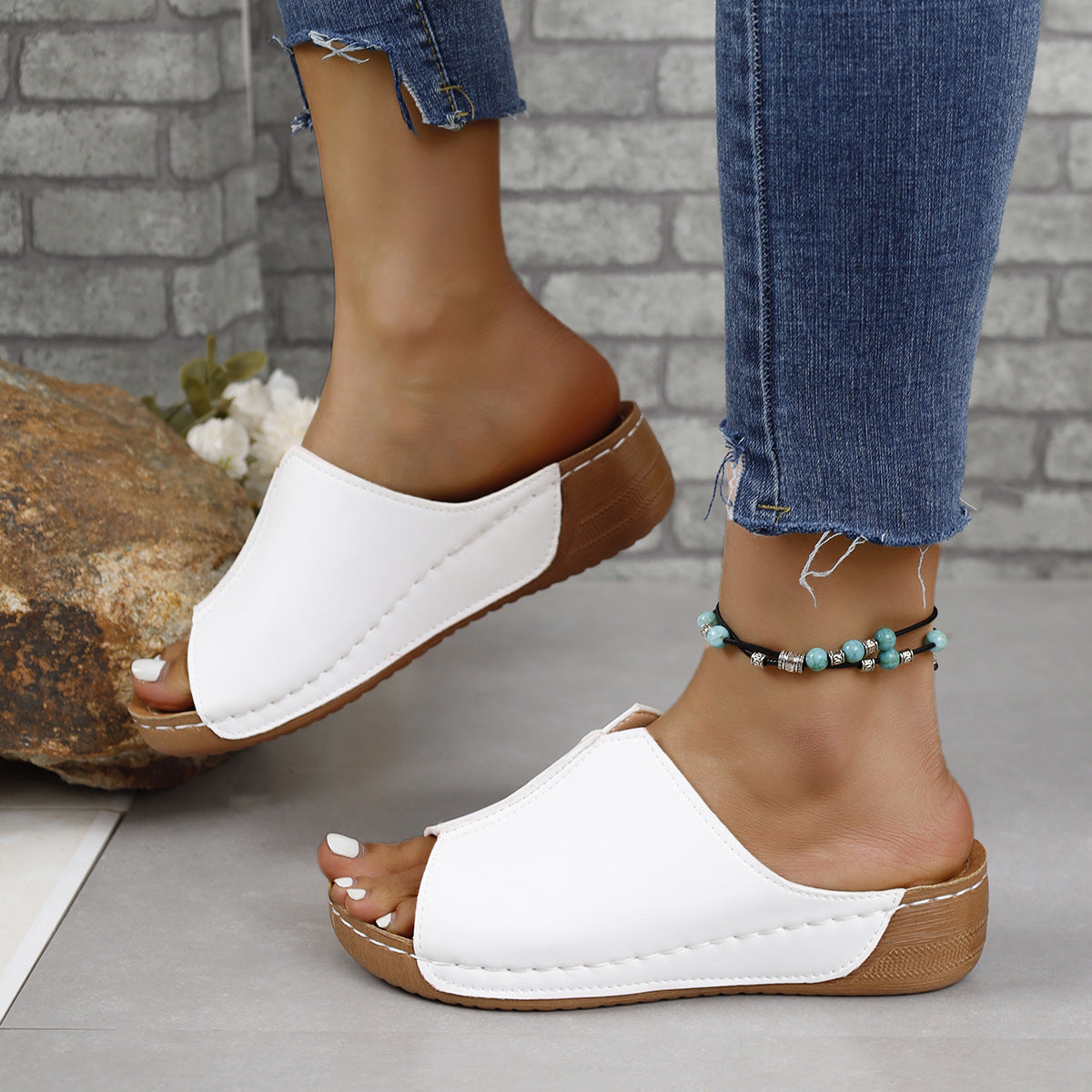 Women's Comfortable PU Leather Open Toe Low Heel Slide Sandals - Image 11