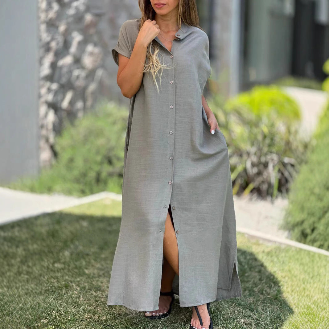 Cotton and Linen Casual Short-Sleeved Cardigan Button Dress
