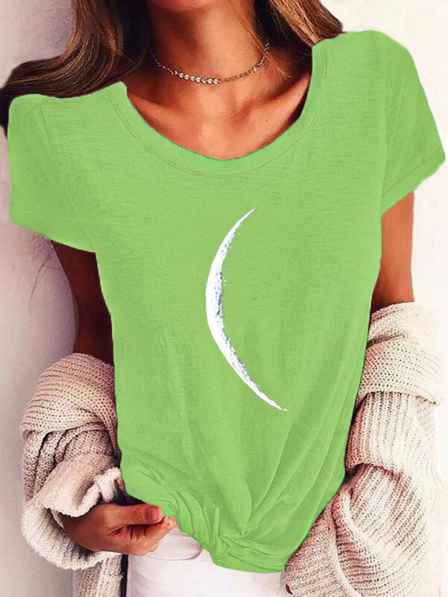 Women Short Sleeve Crescent Moon Print T-Shirt Casual Wide Neck - Image 9