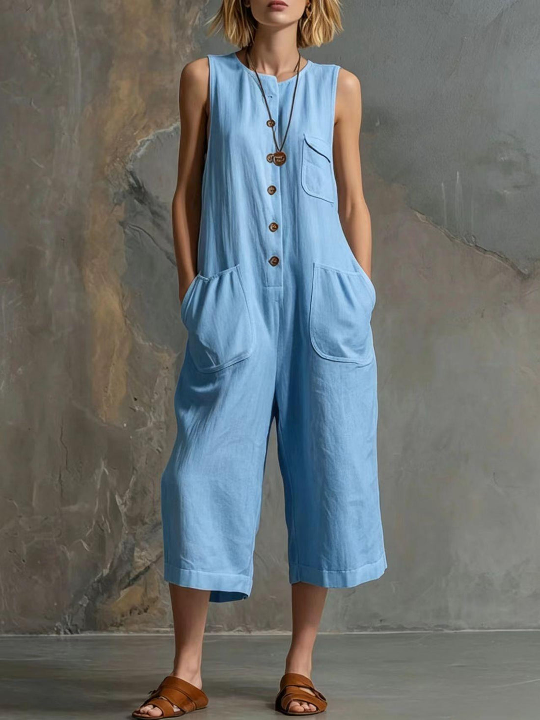 Women's Retro Sleeveless Button-Down Wide-Leg Cropped Jumpsuit - Image 8