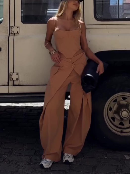 Spaghetti Strap Corset Top and Wide-Leg Pants Set in Camel - Image 4