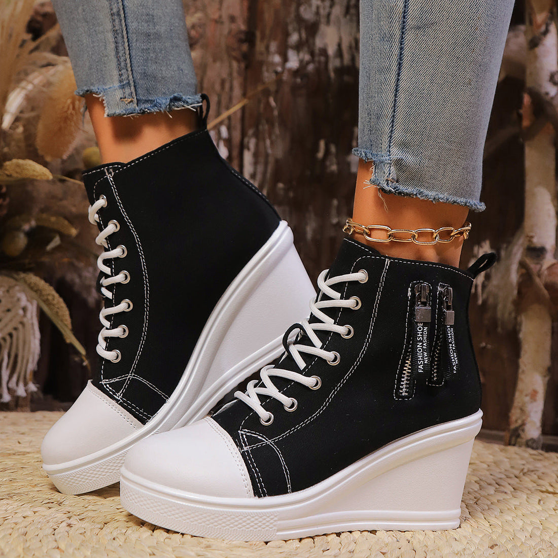 Women's Canvas Wedge Platform Lace-Up Sneakers Urban Style