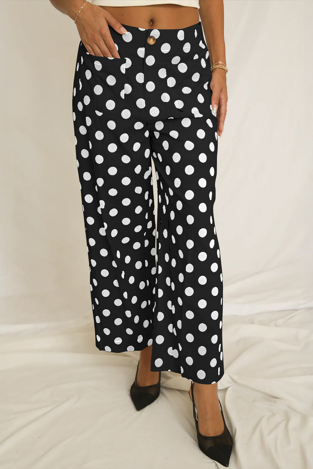 White Polka Dot Loose Wide Leg Pants with Patched Pockets