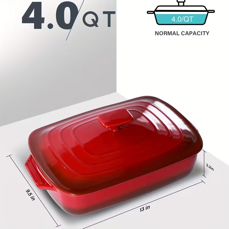 Large Ceramic Casserole Dish with Lid 4.0 Qt Rectangular Baking Pan Red