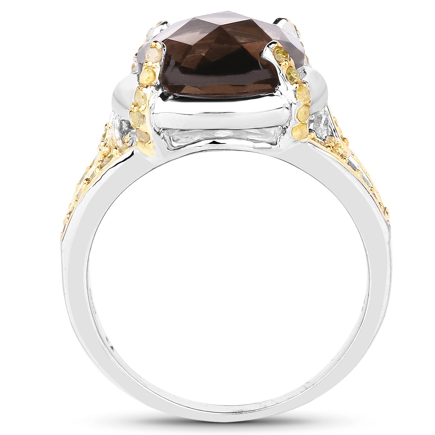 3.28 Carat Genuine Smoky Quartz and Yellow Diamond .925 Sterling Silver Ring