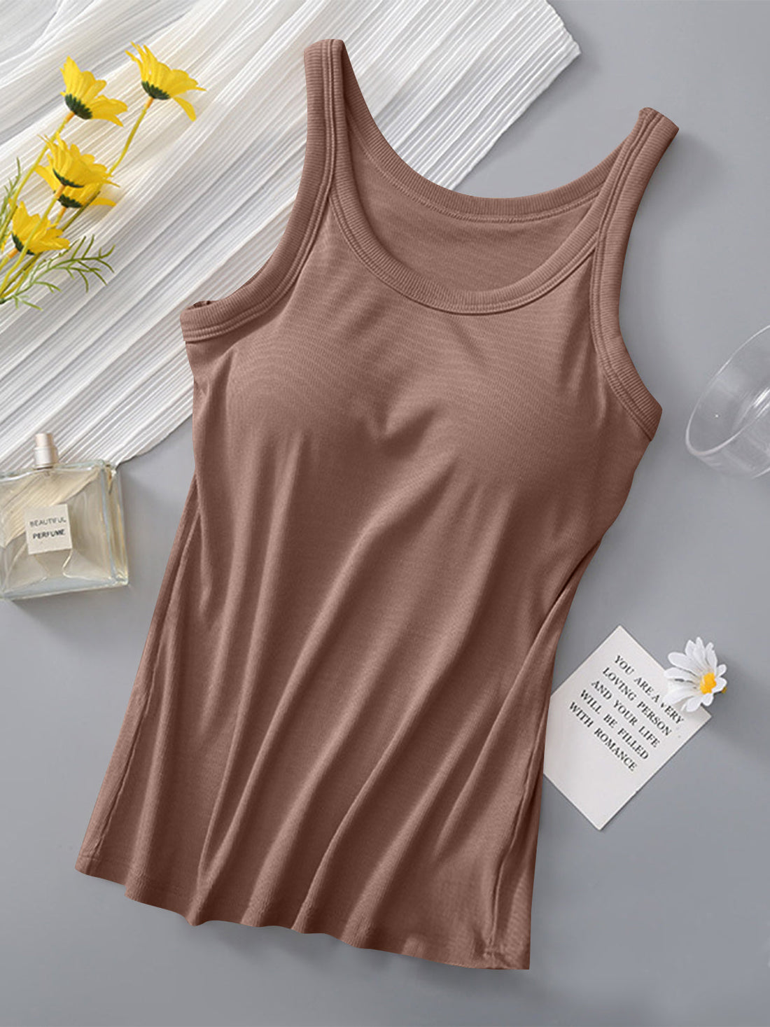 Women's Fitted Round Neck Tank Top with Built-in Bra - Sleeveless