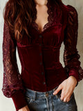 Women's Velvet Long Sleeve Blouse with Elegant Lace Trim Details
