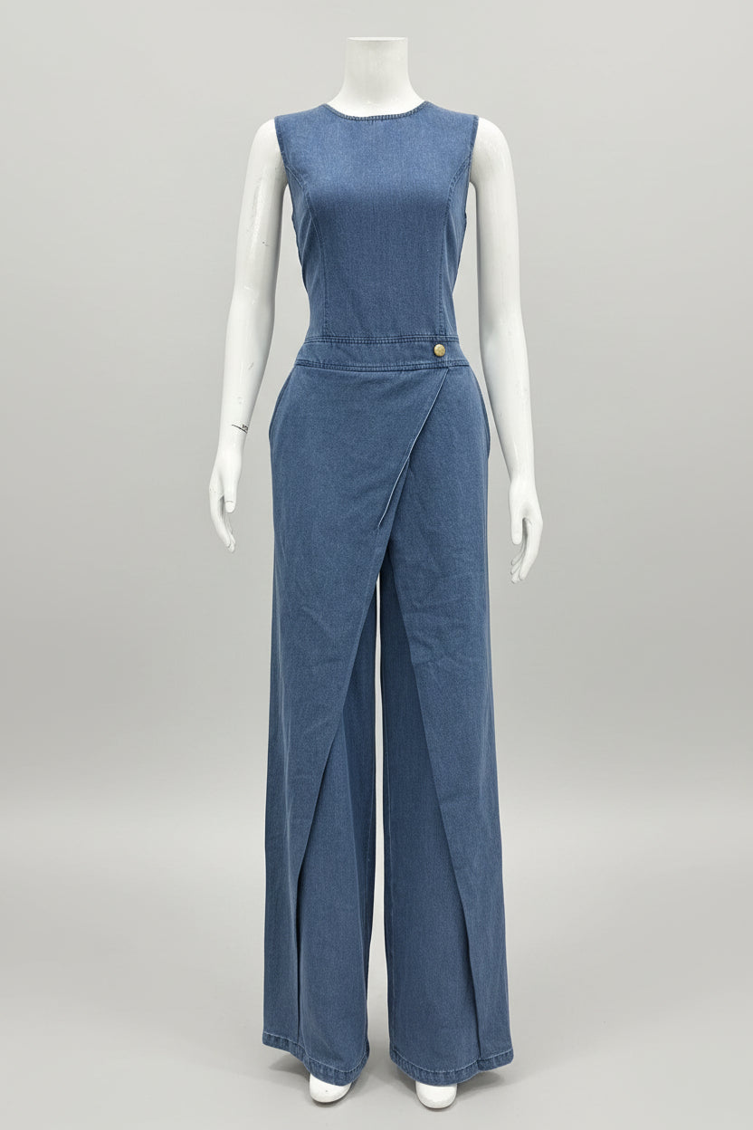 Women's Sleeveless Denim-Style Wide-Leg Jumpsuit