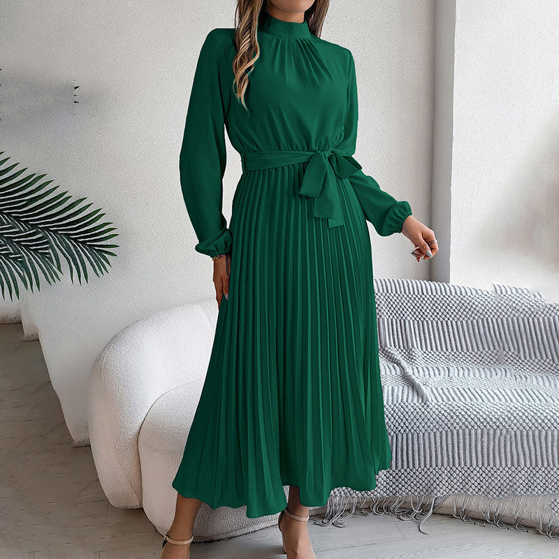 High Neck Pleated Long Sleeve Maxi Dress in Light Blue & Maroon
