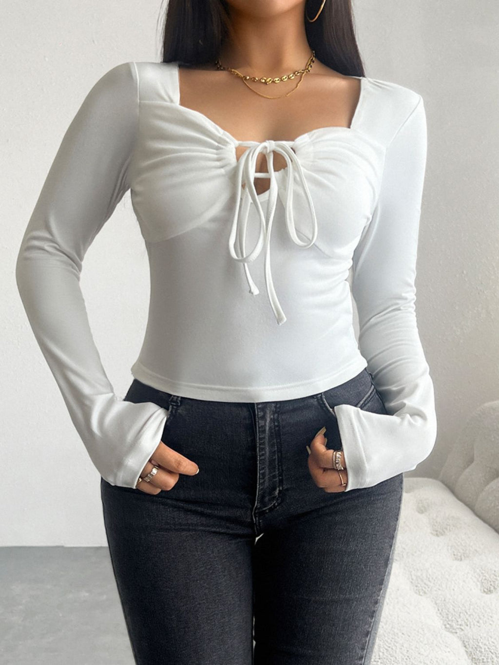 Devine Long Sleeve Tied Front Top in White - Image 7