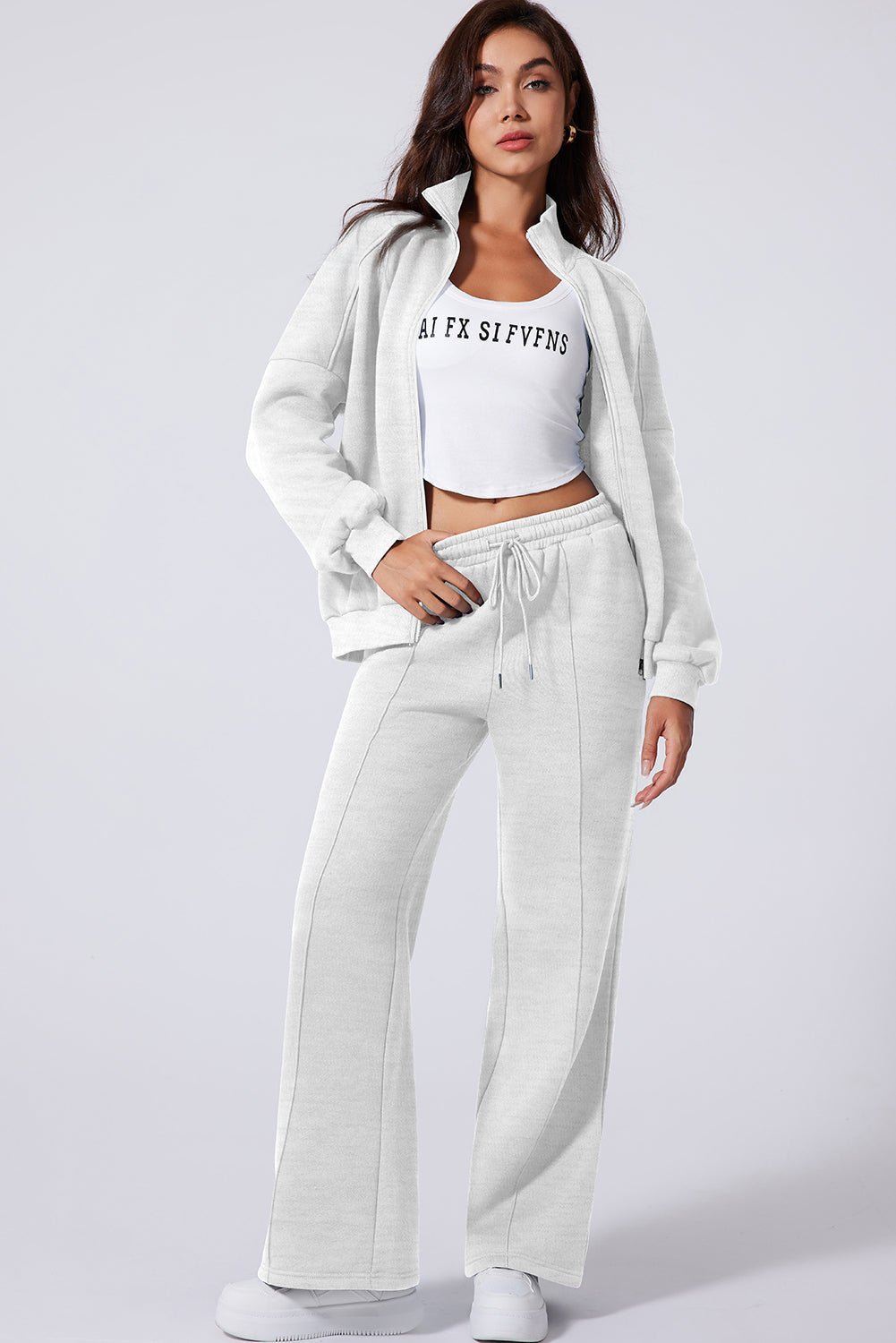 Solid Zip-Up Jacket and Drawstring Pants Set
