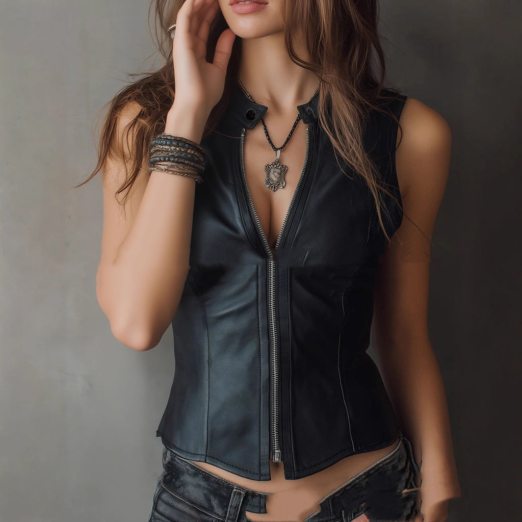 Women's Black Faux Leather Sleeveless Stand Collar Zip Top - Image 3