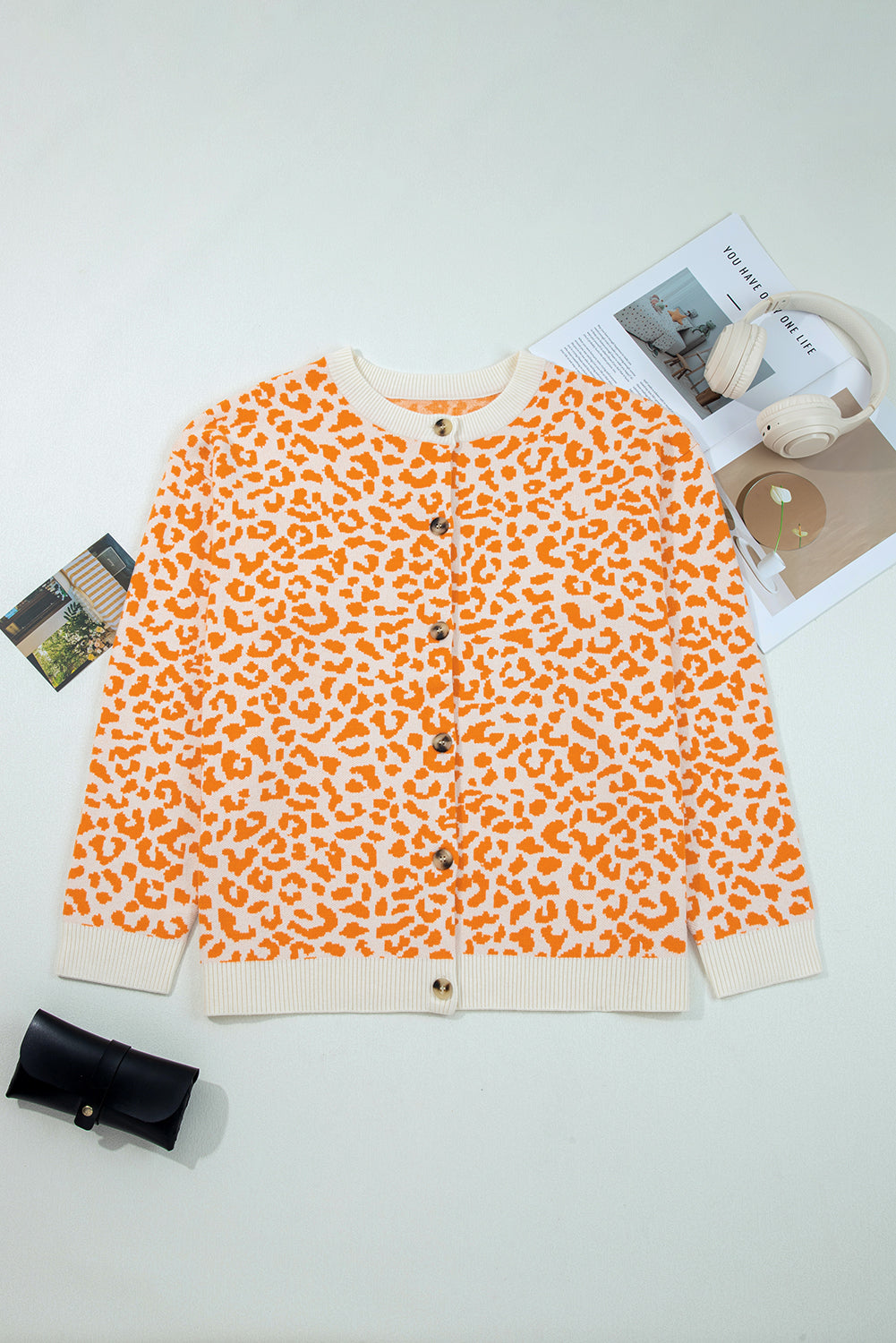 Orange Leopard Drop Shoulder Knitted Cardigan