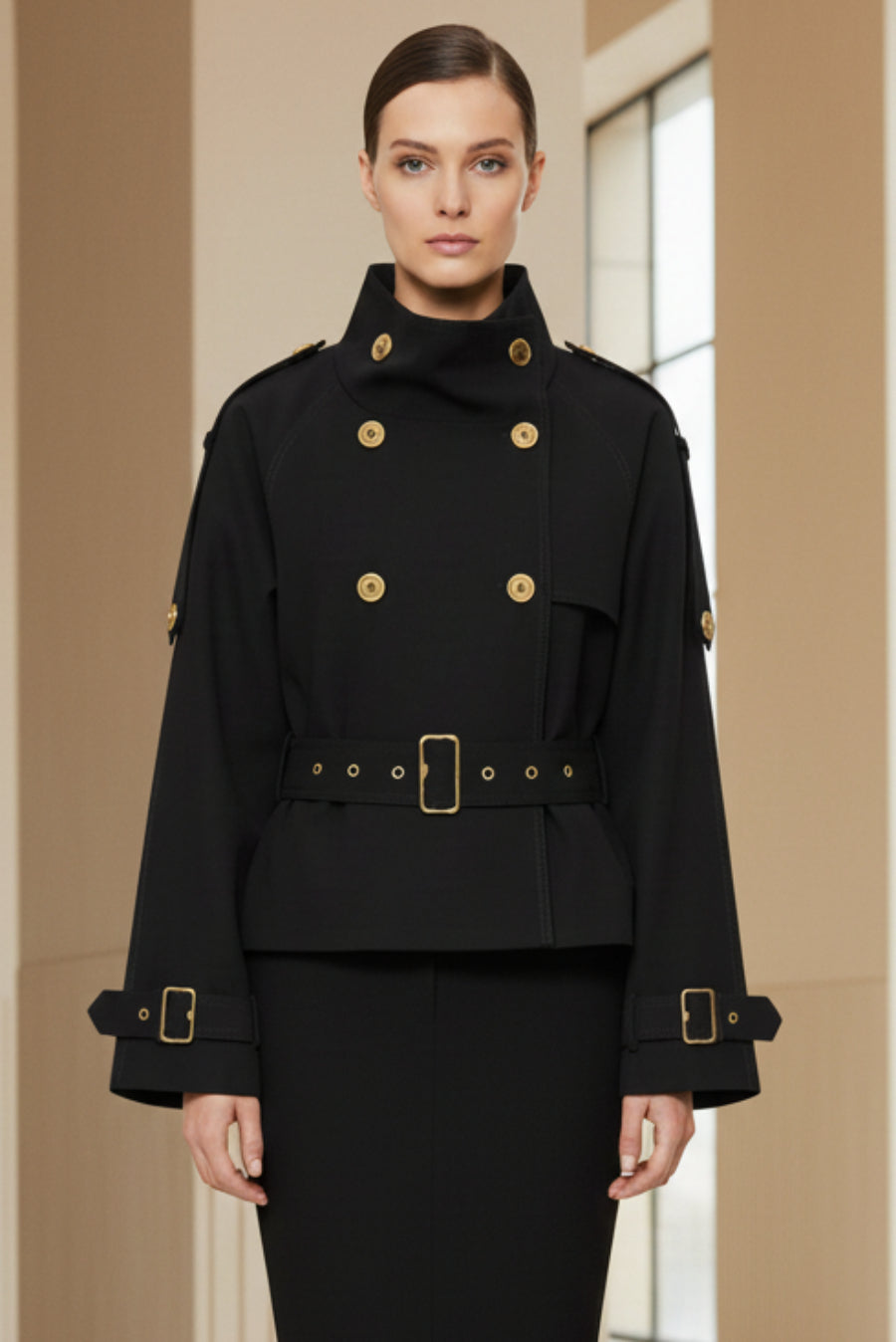 Cropped Double-Breasted Jacket with Gold Hardware