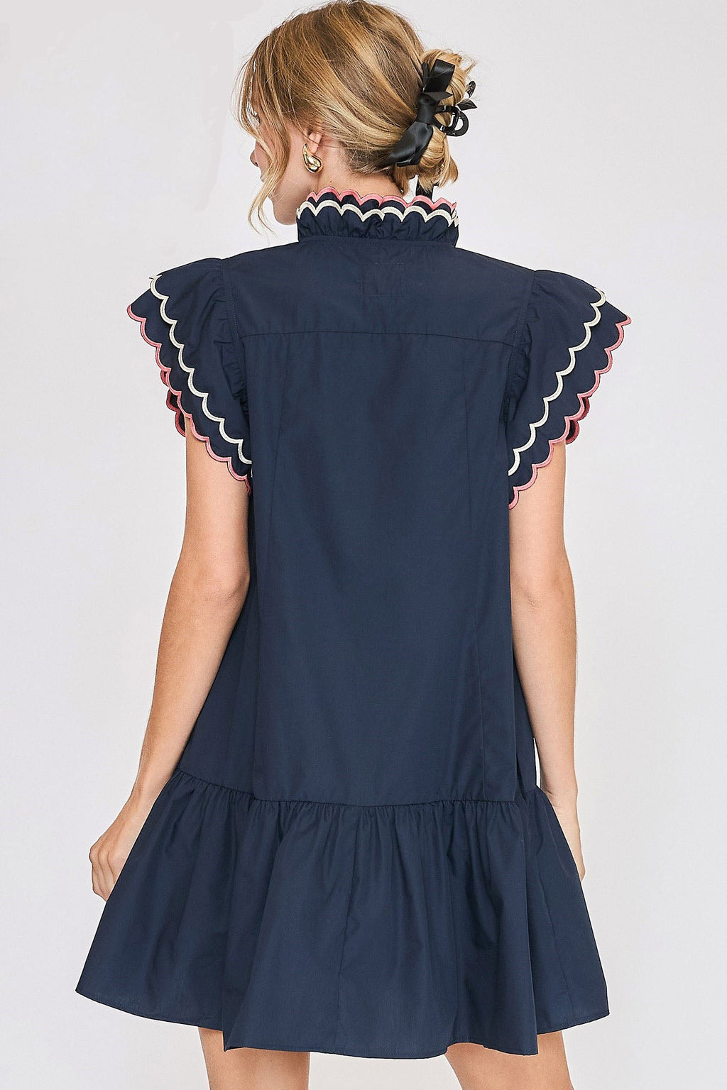 Dark Navy Ruffled Sleeve Cotton Dress with Scalloped Trim