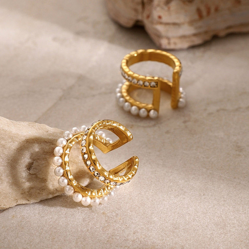 18K gold exquisite and noble double-layer inlaid pearls and diamonds design light luxury style earrings