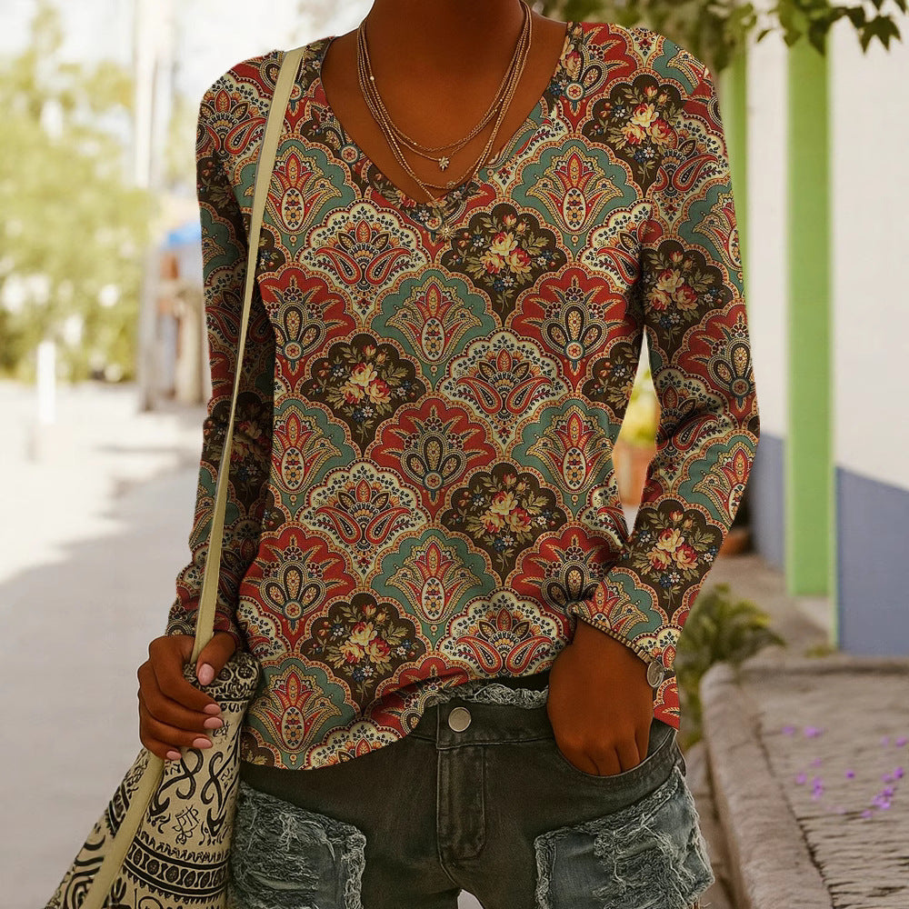 Women's Ethnic Print V-Neck Long-Sleeve Pullover Top - Image 3