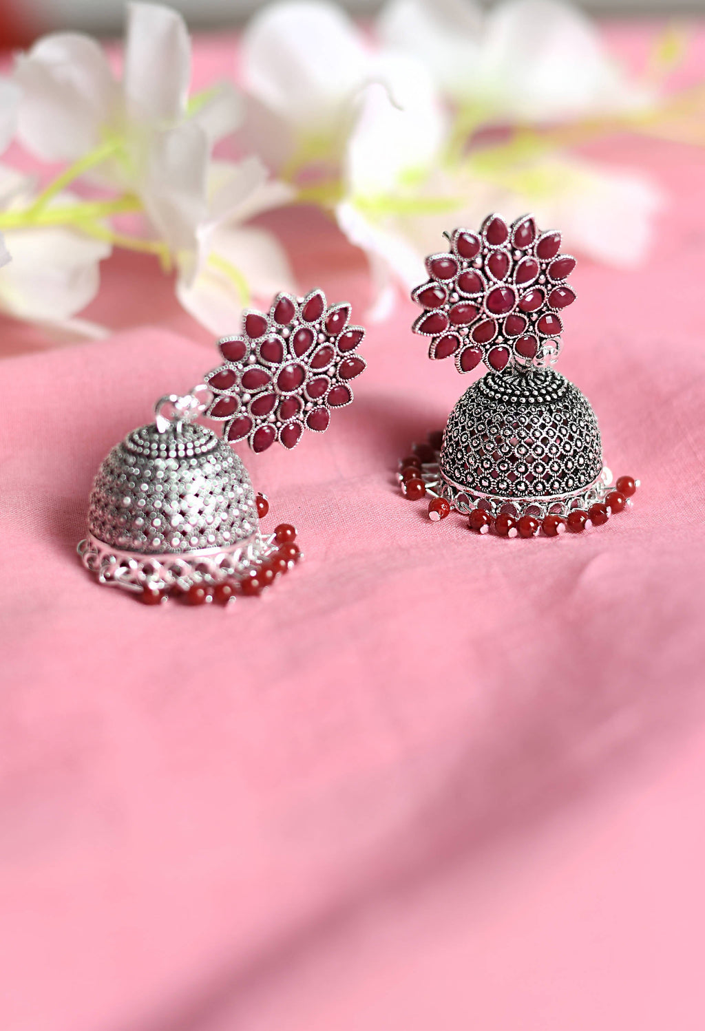 Traditional Kundan Jhumka Earrings with Rich Maroon Beads