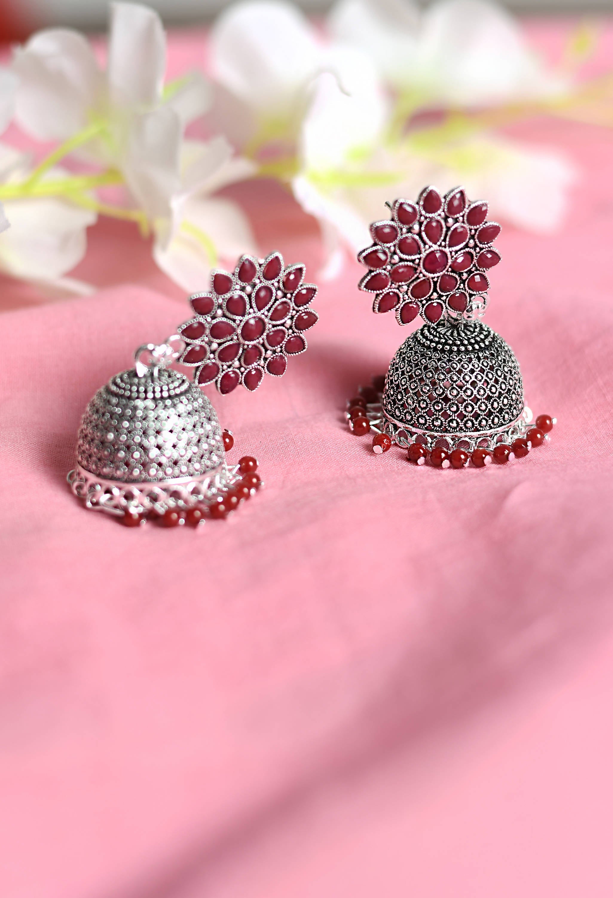 Traditional Kundan Jhumka Earrings with Rich Maroon Beads