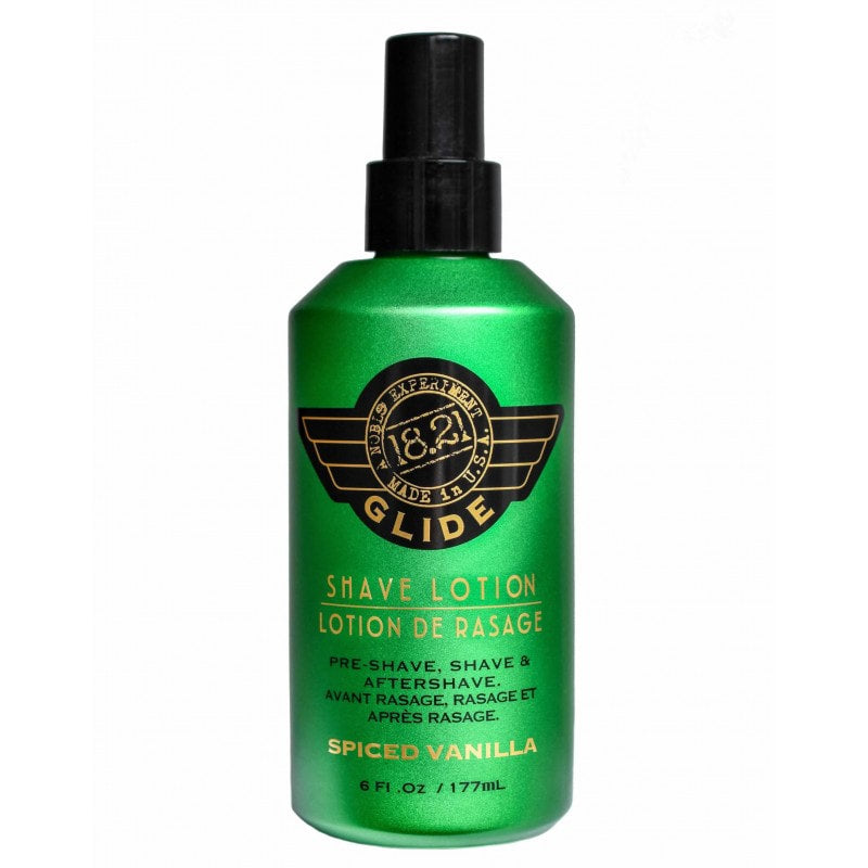 18.21 MAN MADE Spiced Vanilla Shave Lotion in a metallic green bottle with gold embossed text.