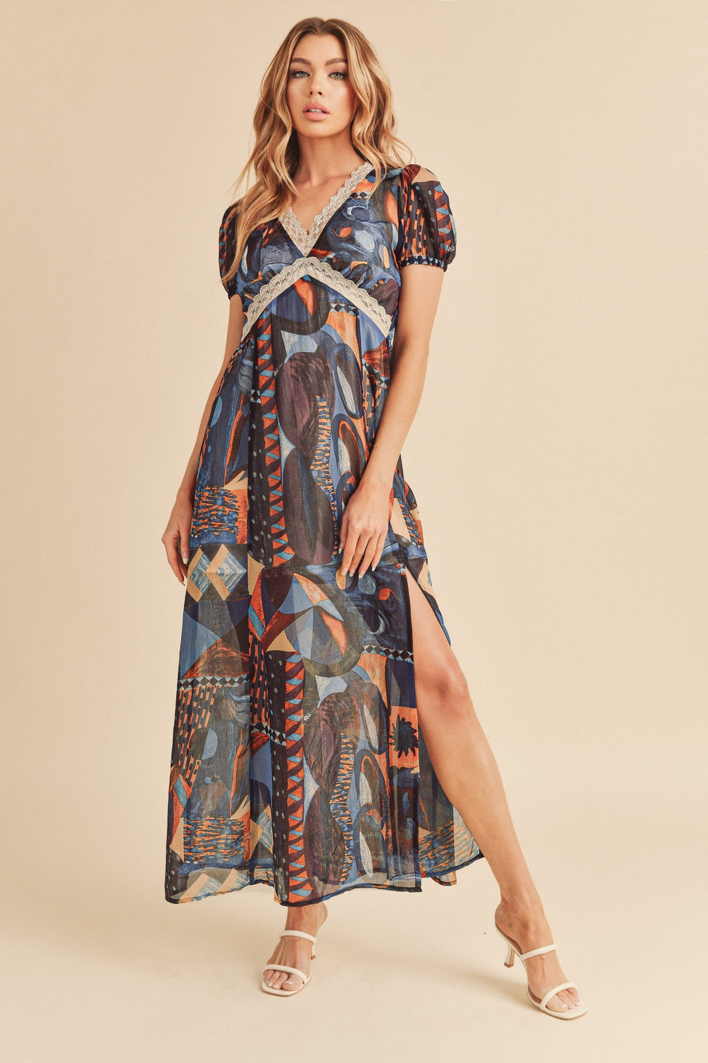 Geometric Print Maxi Dress with Lace Detail and Slit