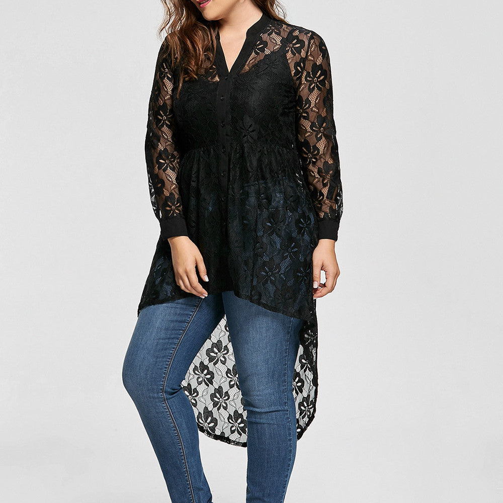 Plus Size Elegant Lace Long Sleeve Blouse for Women