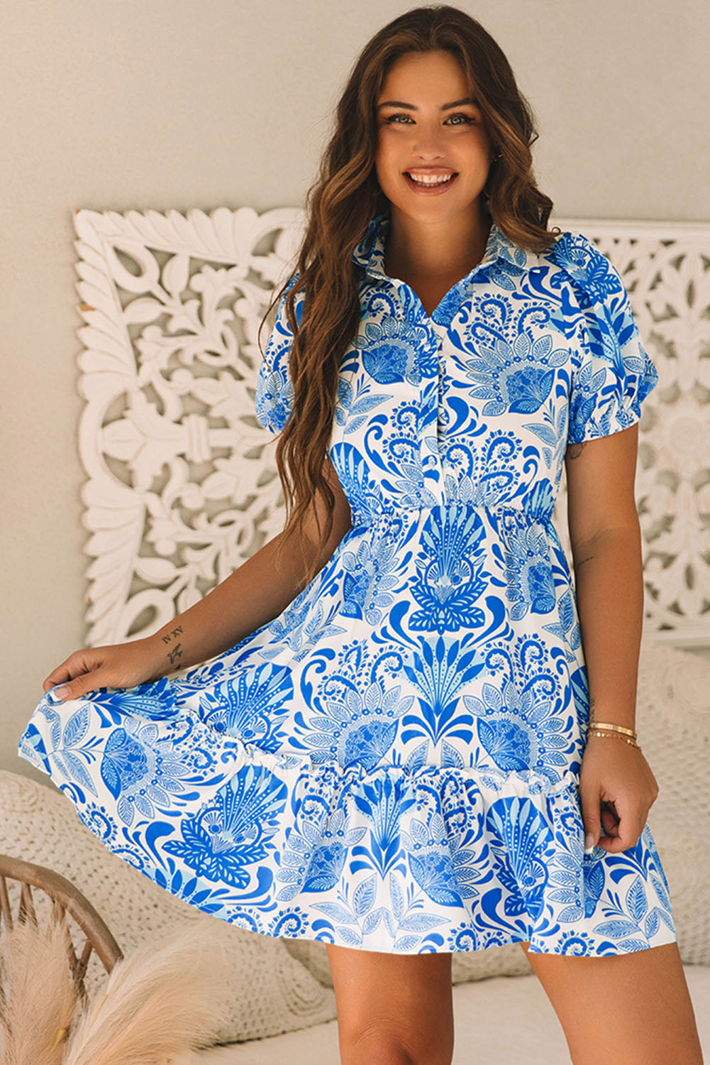 Floral Half-Button Front Collared Ruffle Mini Dress
