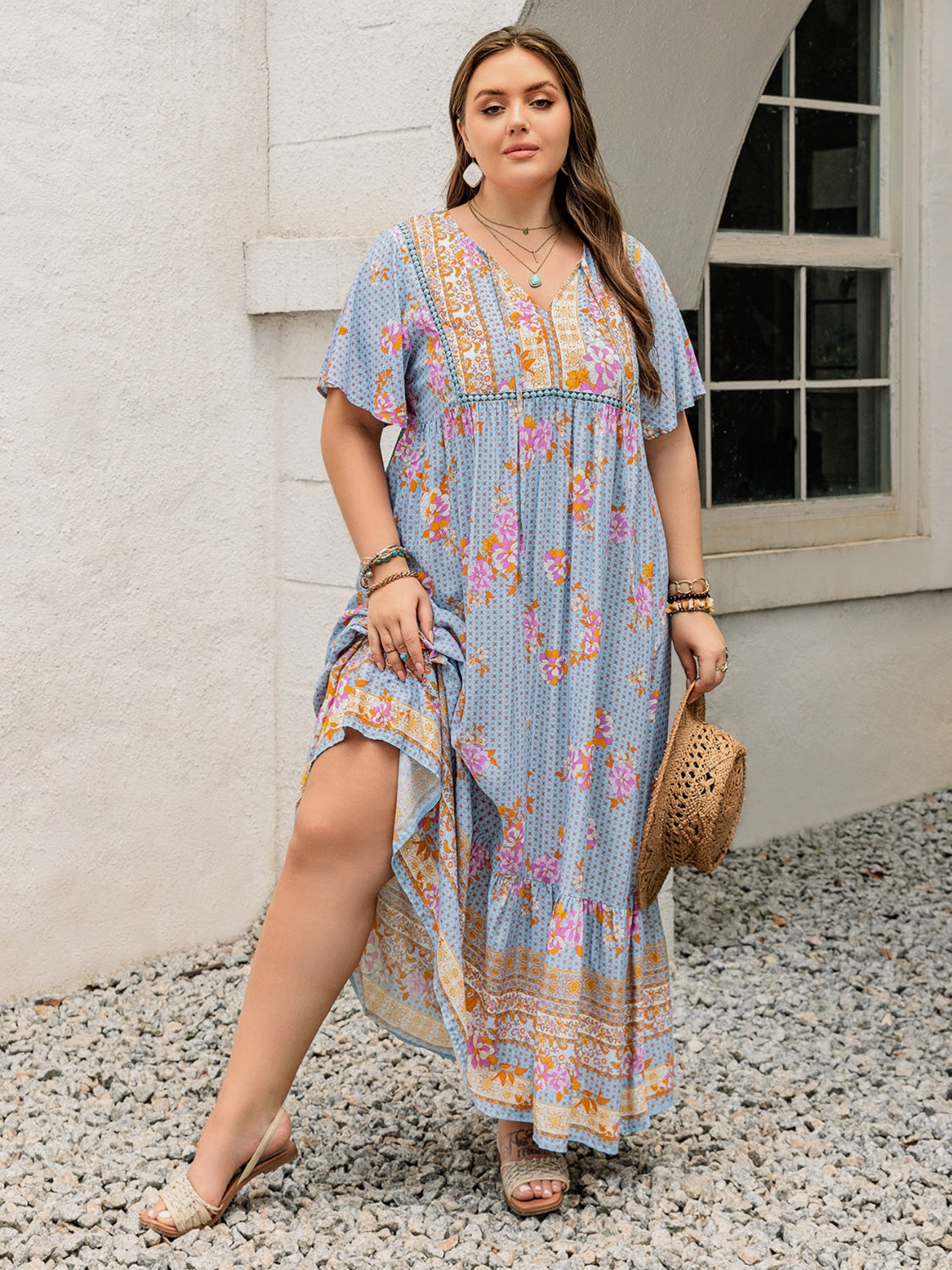 Floral Printed Flutter Sleeve Maxi Dress with Ruched Tie