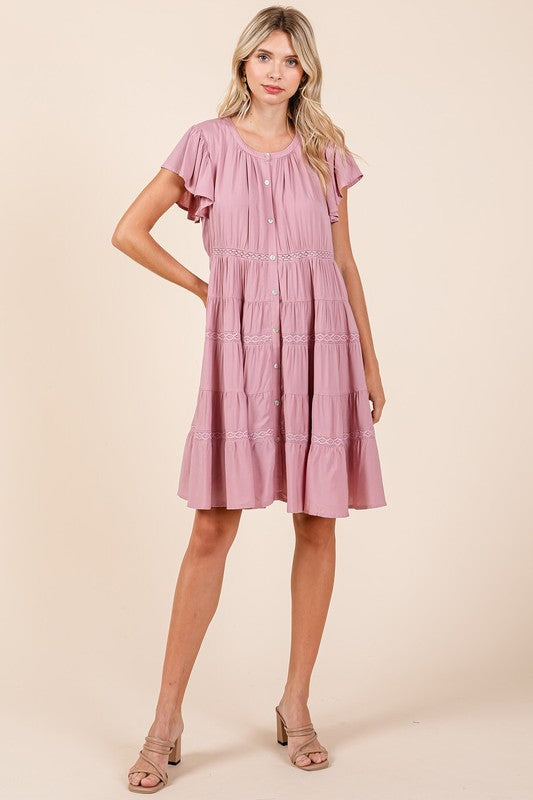Lace Detail Ruffled Button Down Tiered Maxi Dress
