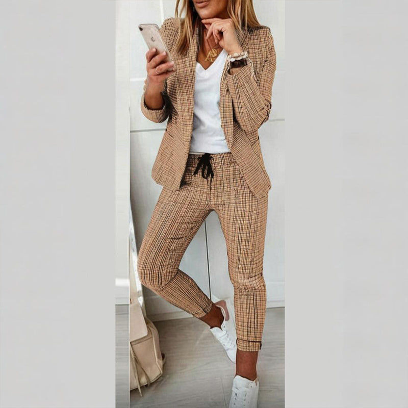 Women's Plaid Two-Piece Suit Set with Blazer and Drawstring Pants