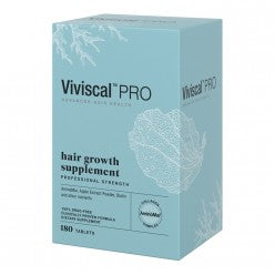 Viviscal PRO hair growth supplement bottle containing 180 tablets in light blue packaging.