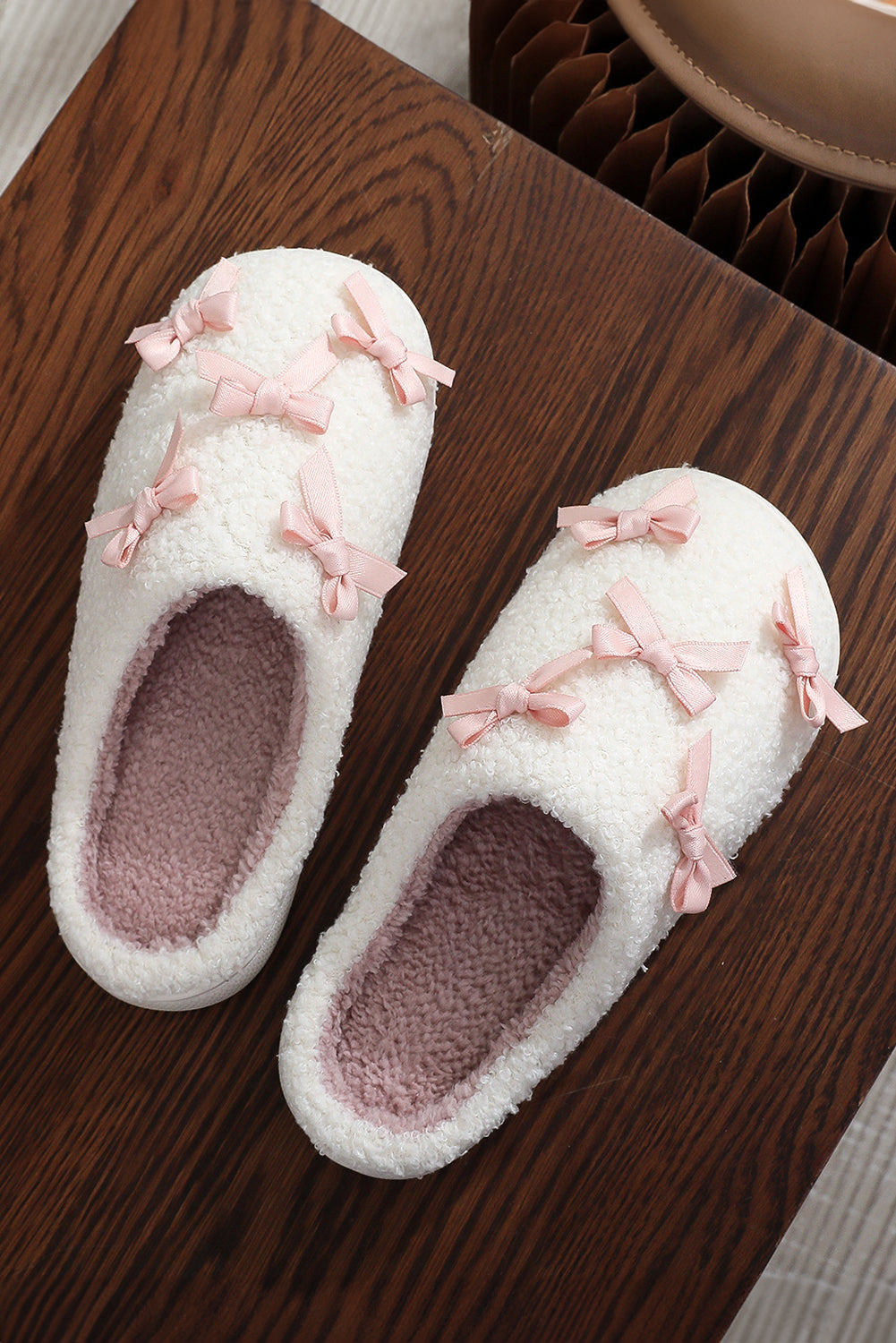 White Ribbed Bow Plush House Slipper | Cozy Indoor Footwear
