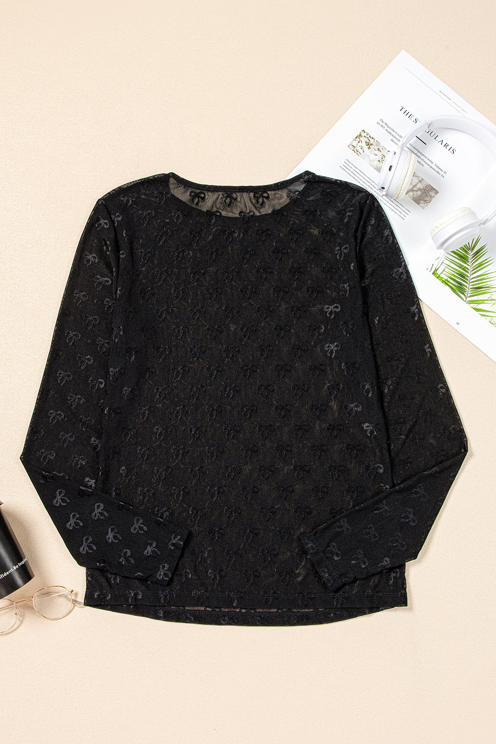 Women’s Bow Mesh Long Sleeve Top - Sheer Romantic Blouse