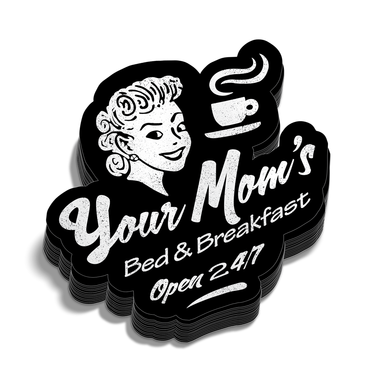 Your Mom Hard Hat Decal in black and white featuring a vintage pin-up style graphic and text reading Your Mom's Bed & Breakfast Open 24/7