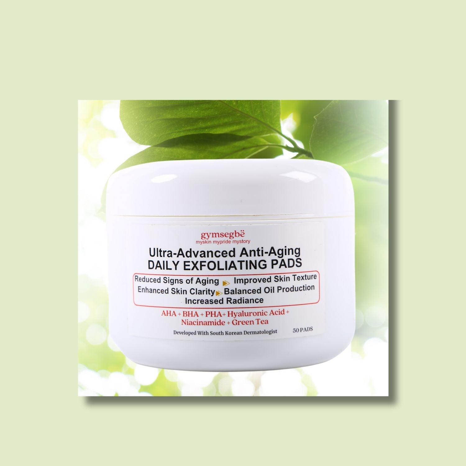 50-count container of Anti-Aging Daily Exfoliating Pads featuring clinical white packaging.