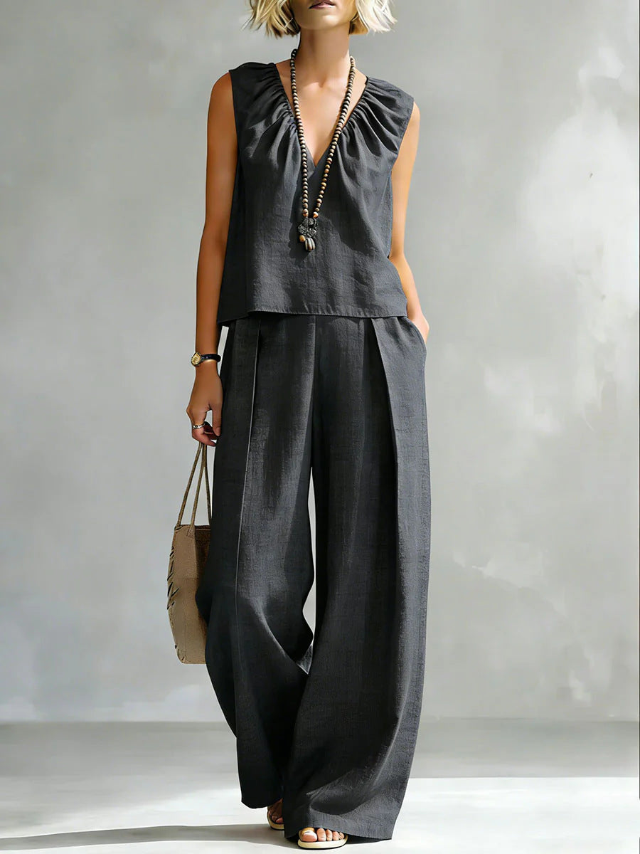 Women's Sleeveless Cotton-Linen Blouse and Wide-Leg Pants Set - Image 7