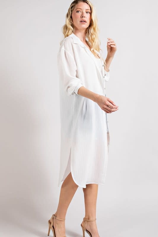 Women's Button Down Long Jacket in White - Lightweight Outerwear