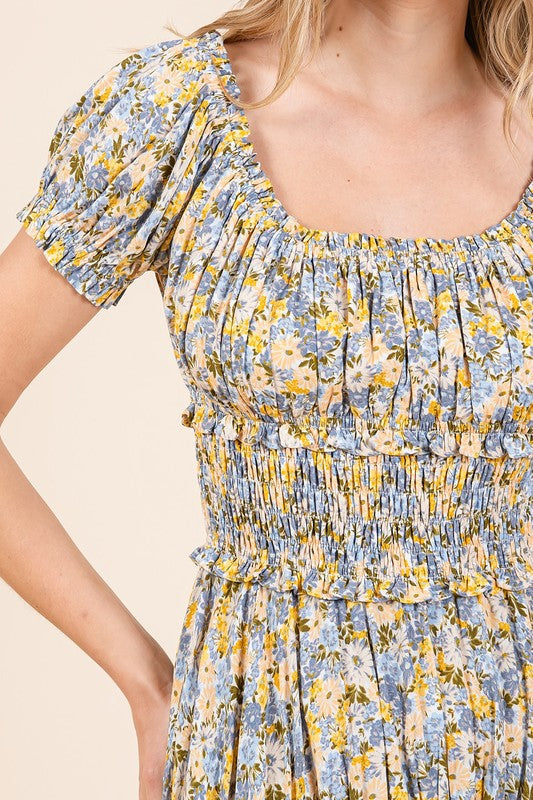 Floral Print Puff Sleeve Gathered Maxi Dress
