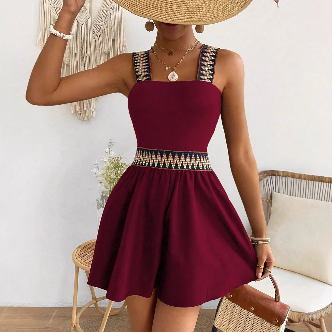Women's Sleeveless Printed Waist Romper for Summer Vacations