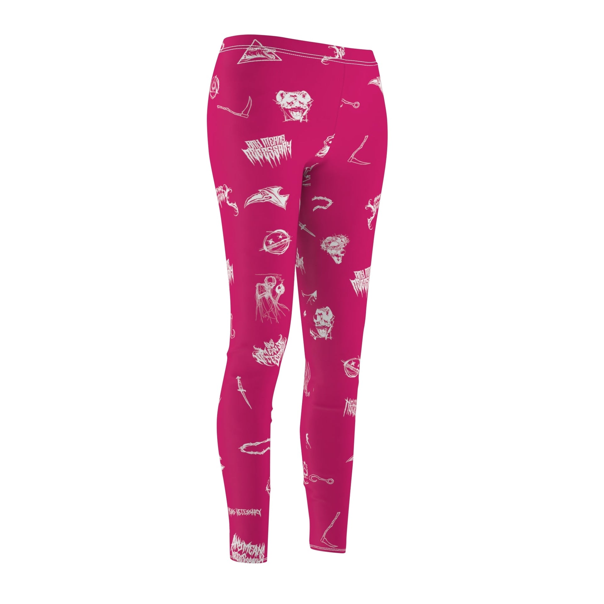 A pair of bright fuchsia leggings with a white Wingbats graphic print pattern displayed on a white background.