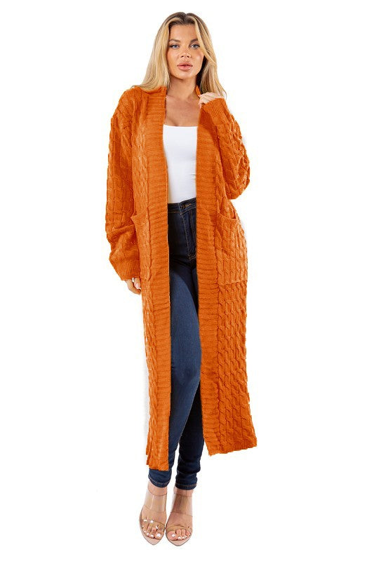 Women's Long Maxi Sweater Cardigan | Orange Knit