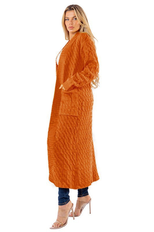 Women's Long Maxi Sweater Cardigan | Orange Knit