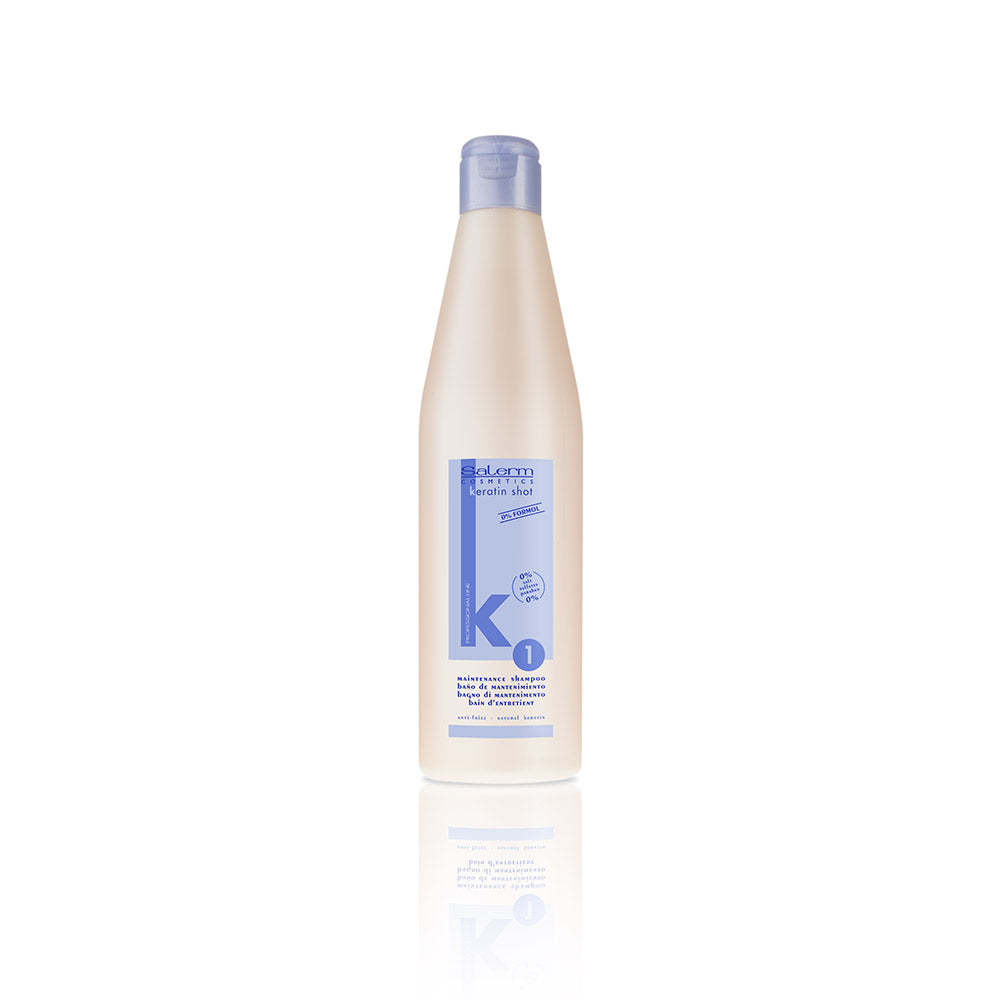 Salerm Keratin Shot Maintenance Shampoo 18 oz bottle with neutral beige design and blue accents