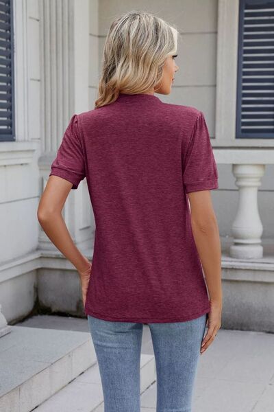 Women's Solid Color Notched Neck Short Sleeve Casual Blouse - Image 11