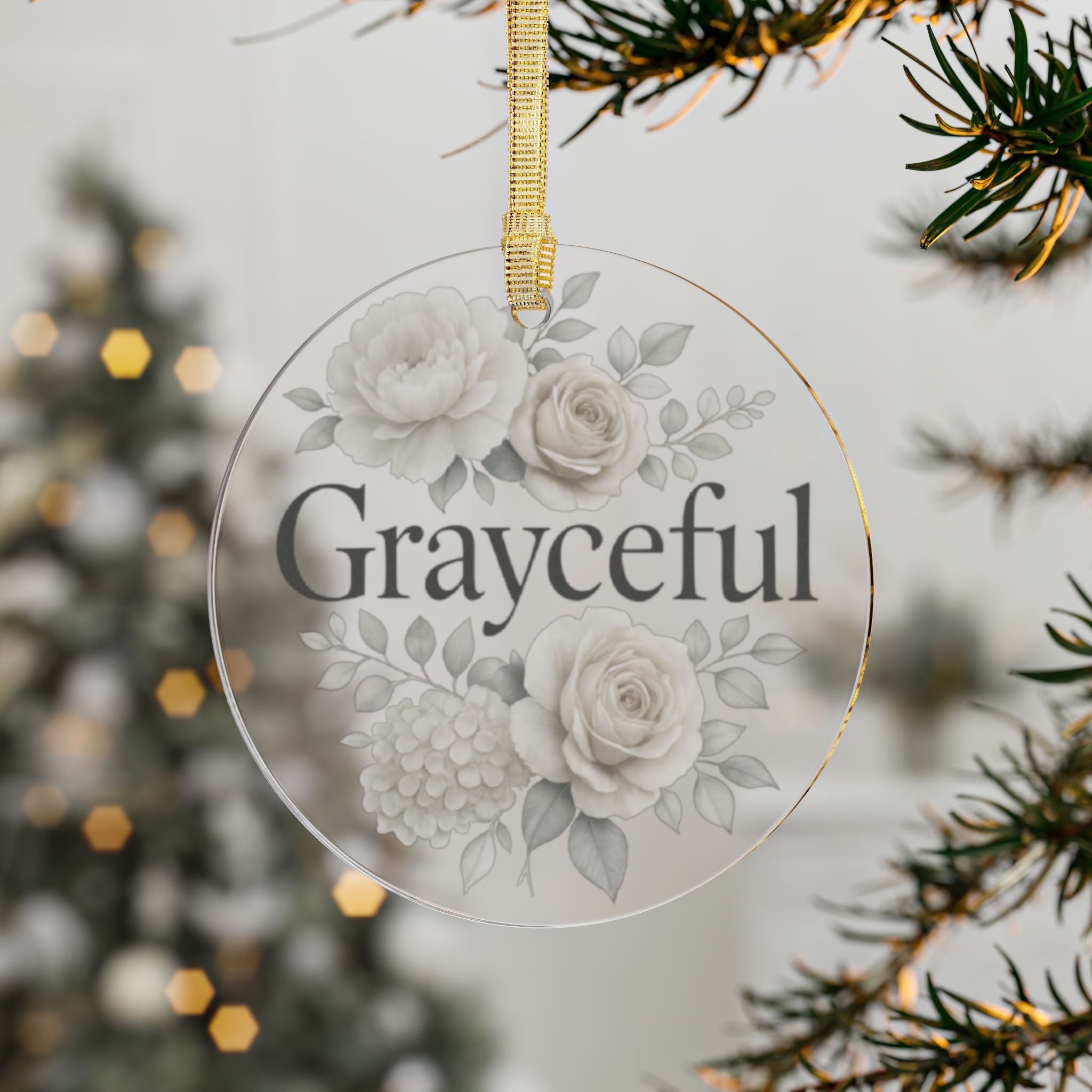Personalized floral acrylic ornament with a glossy finish for holiday tree decor
