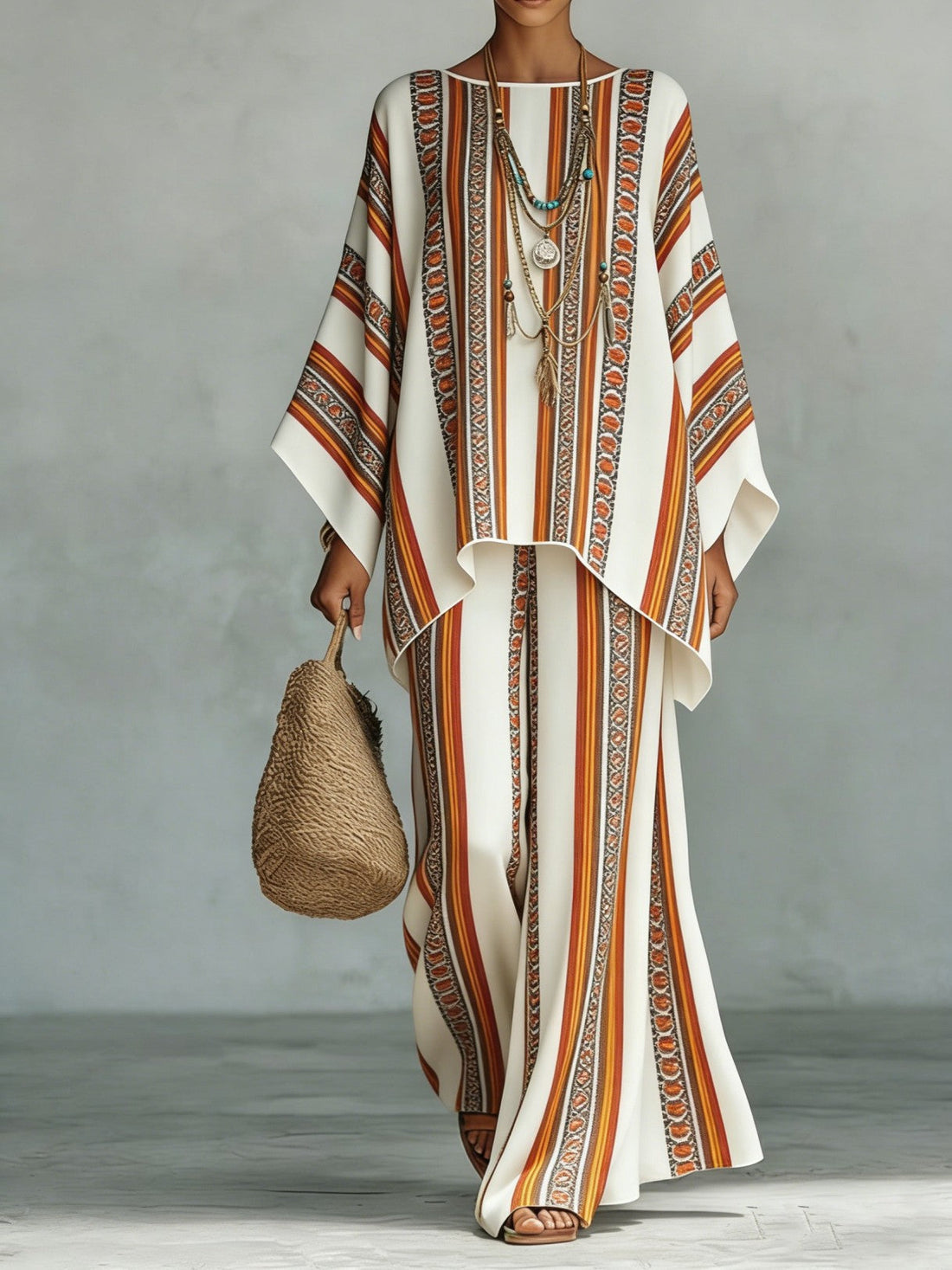 Women's Bohemian Printed Long Sleeve Top and Wide Leg Pant Set