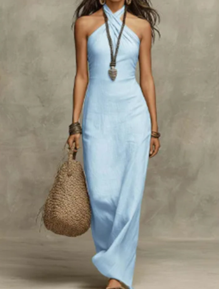 Women's Casual Halter Neck Maxi Jumpsuit Solid Color - Image 4