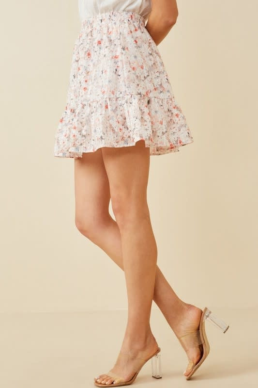 Pink Eyelet Embroidered Floral Skirt with Elastic Waist