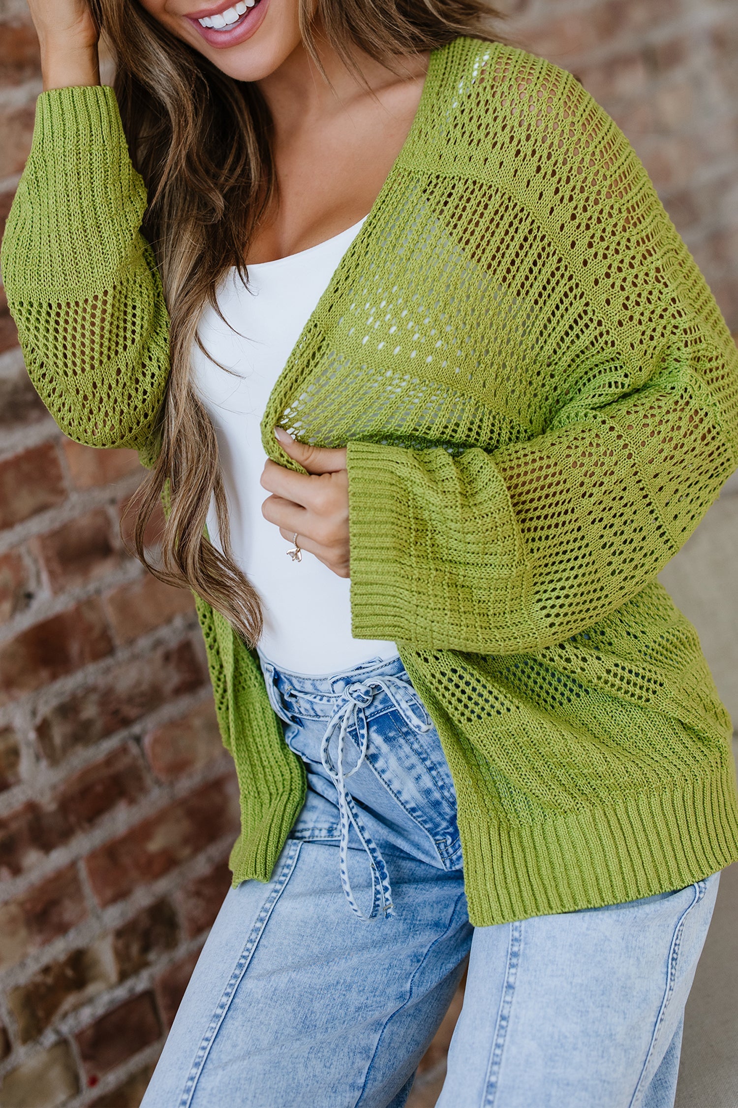 Whitley Lime Green Crochet Knit Open Front Cardigan - Image 6